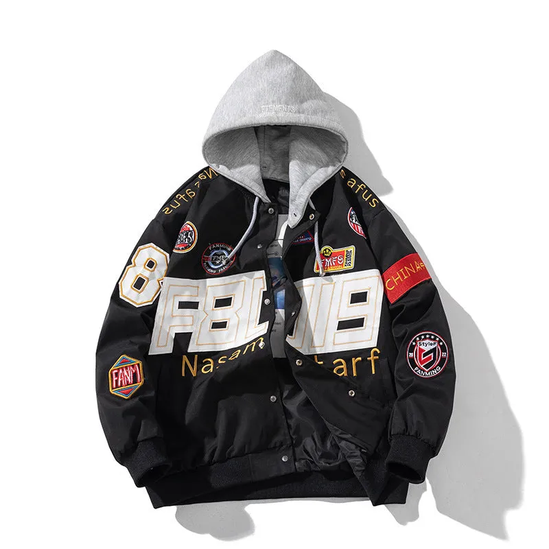 American motorcycle baseball uniform in black, red, or blue with optional detachable hood