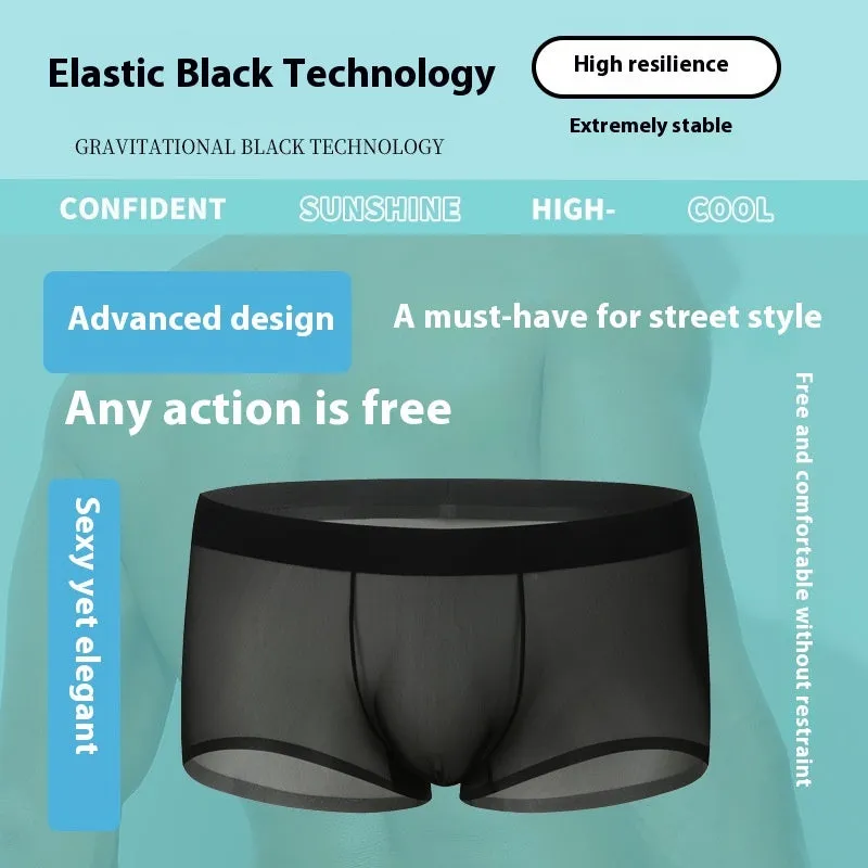 Seamless ice silk boxers for men in black with low waist and thin knit fabric