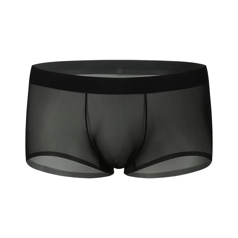 Seamless ice silk boxers for men in black with low waist and thin knit fabric