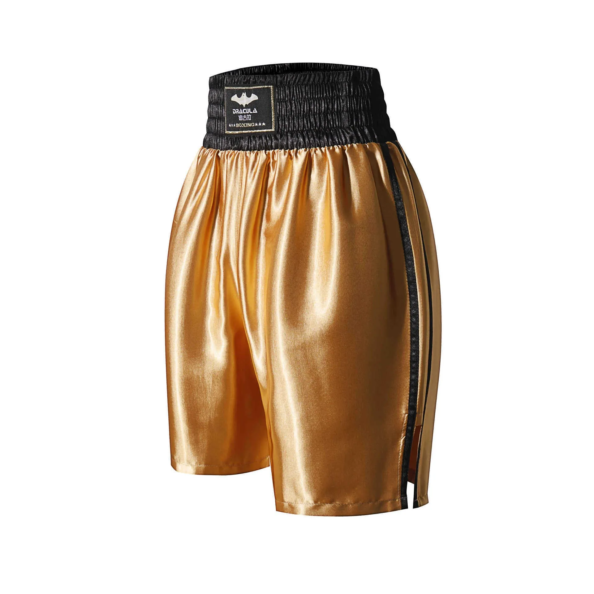 Professional fighting boxing pants in double-layer nylon fabric, available in black red, white red, silver, gold, black gold, sizes XXS to XXL