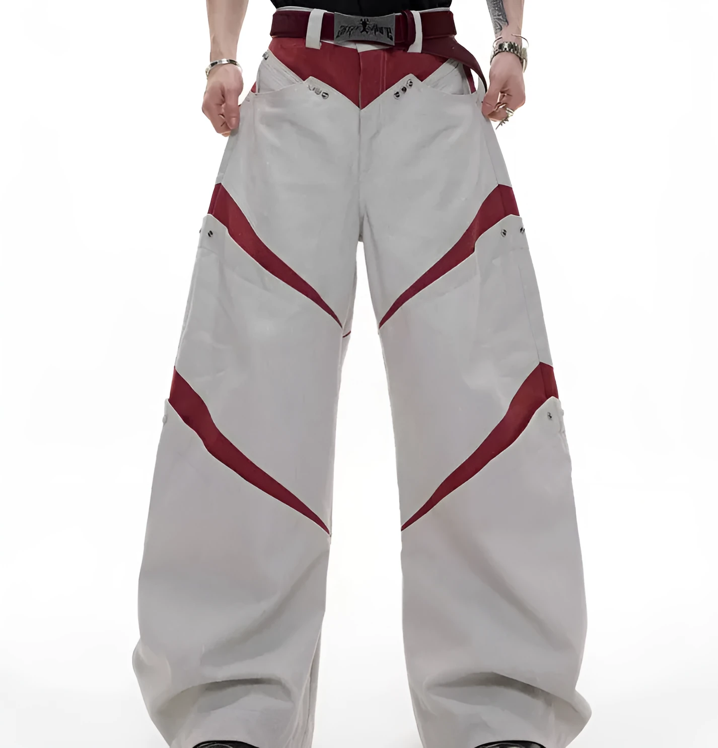 Heavy industry deconstruction overalls with contrast stitching and metal rivets, straight-leg high-waist trousers available in black or grey