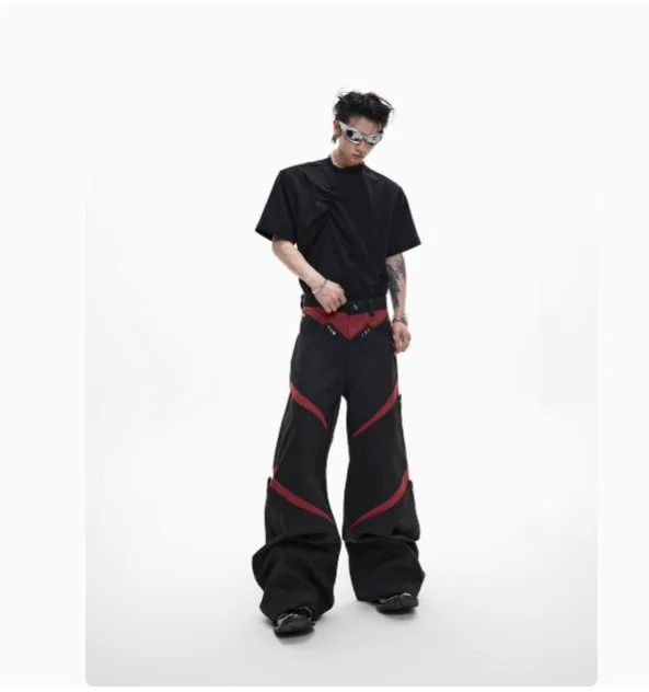 Heavy industry deconstruction overalls with contrast stitching and metal rivets, straight-leg high-waist trousers available in black or grey
