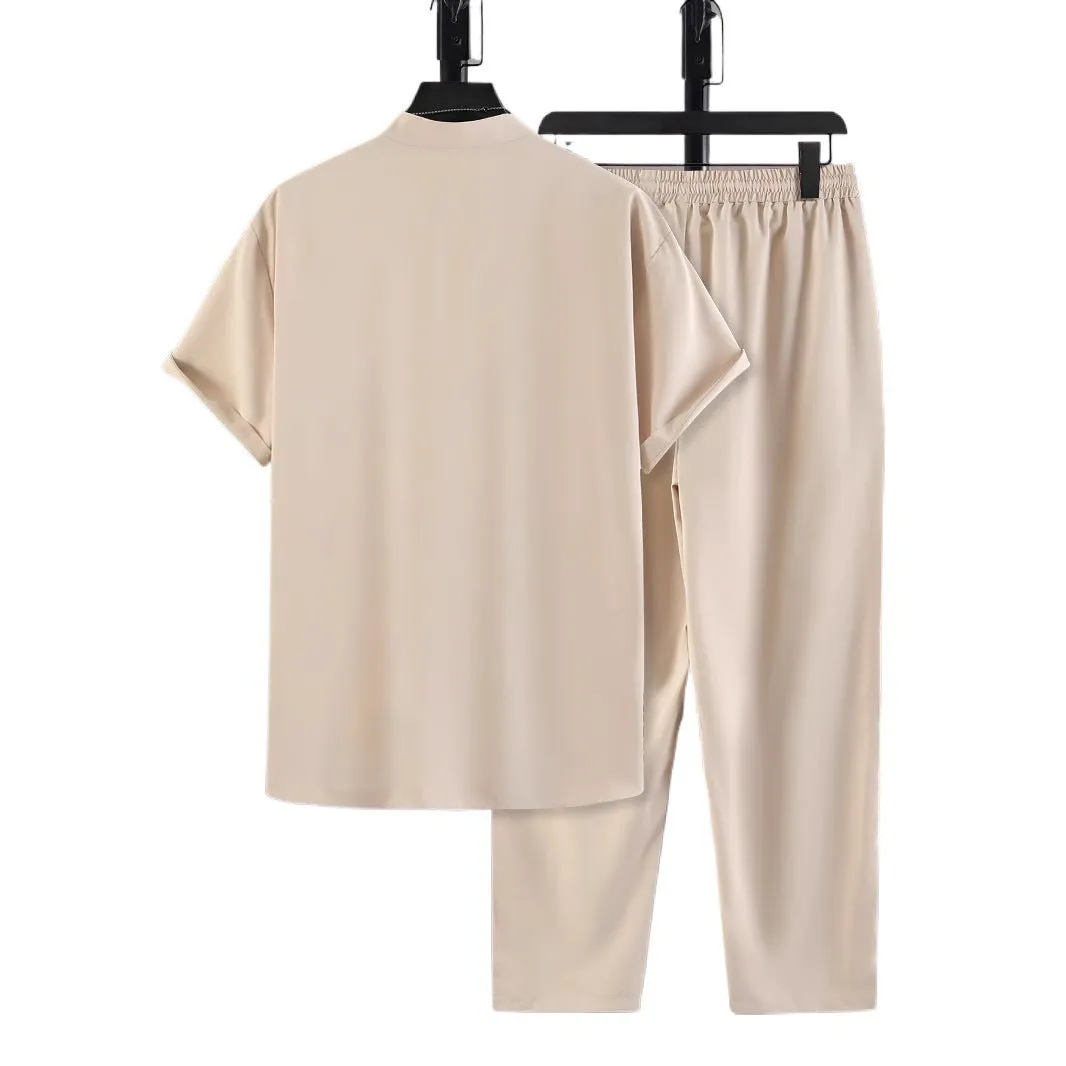 Men's European-size coconut print short-sleeved shirt and trousers set Navy Blue summer beach polyester fibre