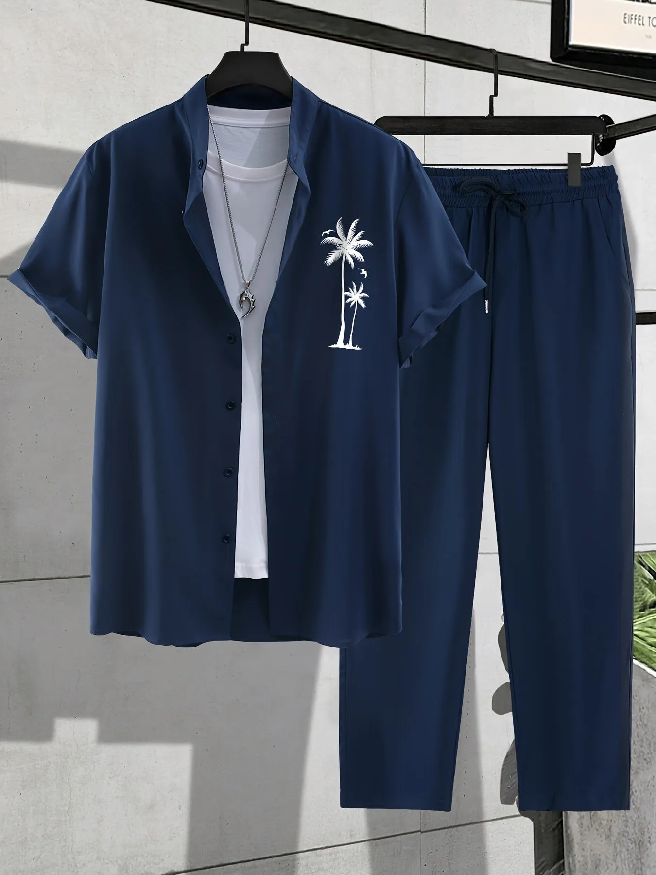 Men's European-size coconut print short-sleeved shirt and trousers set Navy Blue summer beach polyester fibre