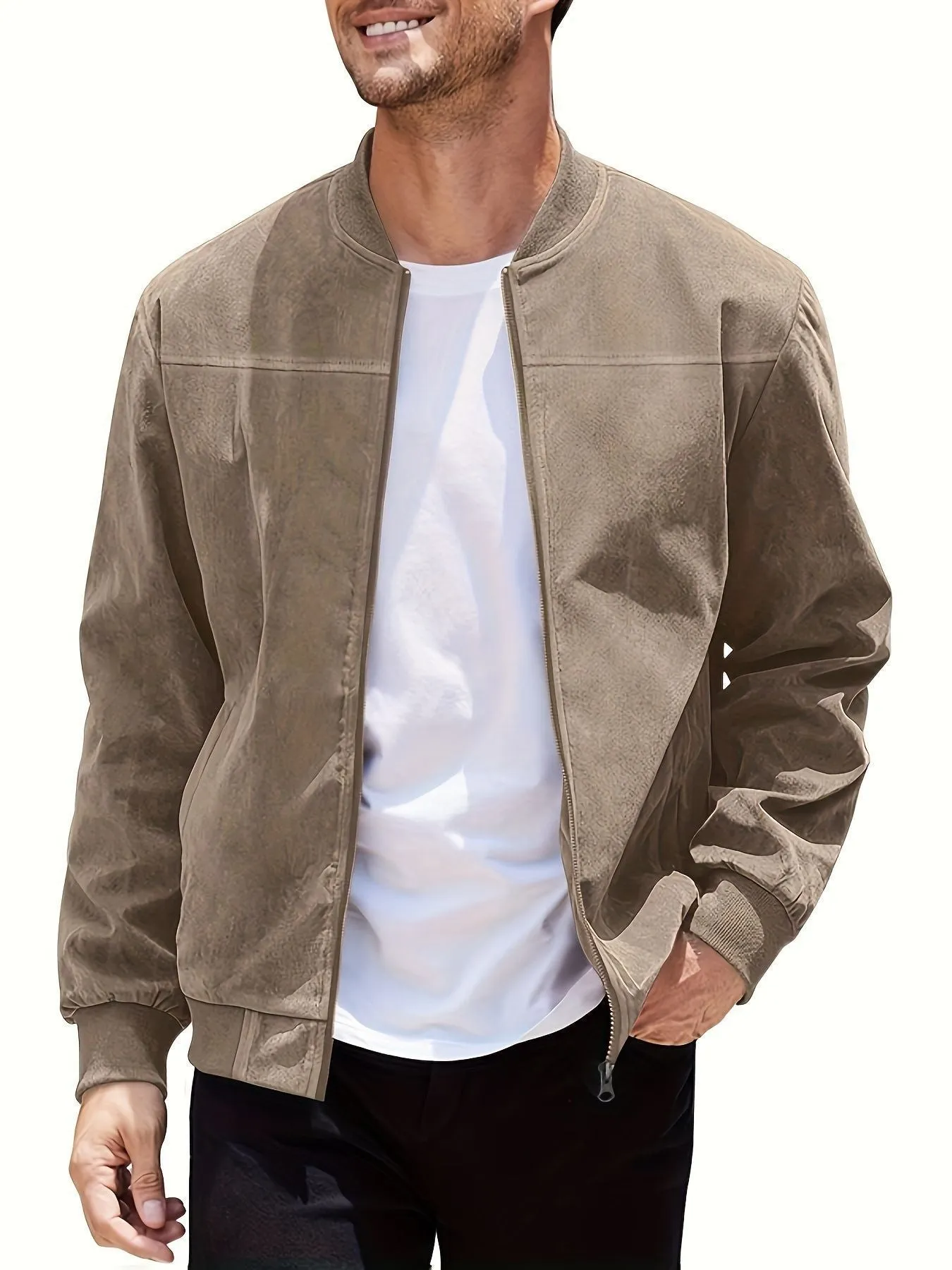 Man wearing a plus size Army Green suede zip-up casual jacket.