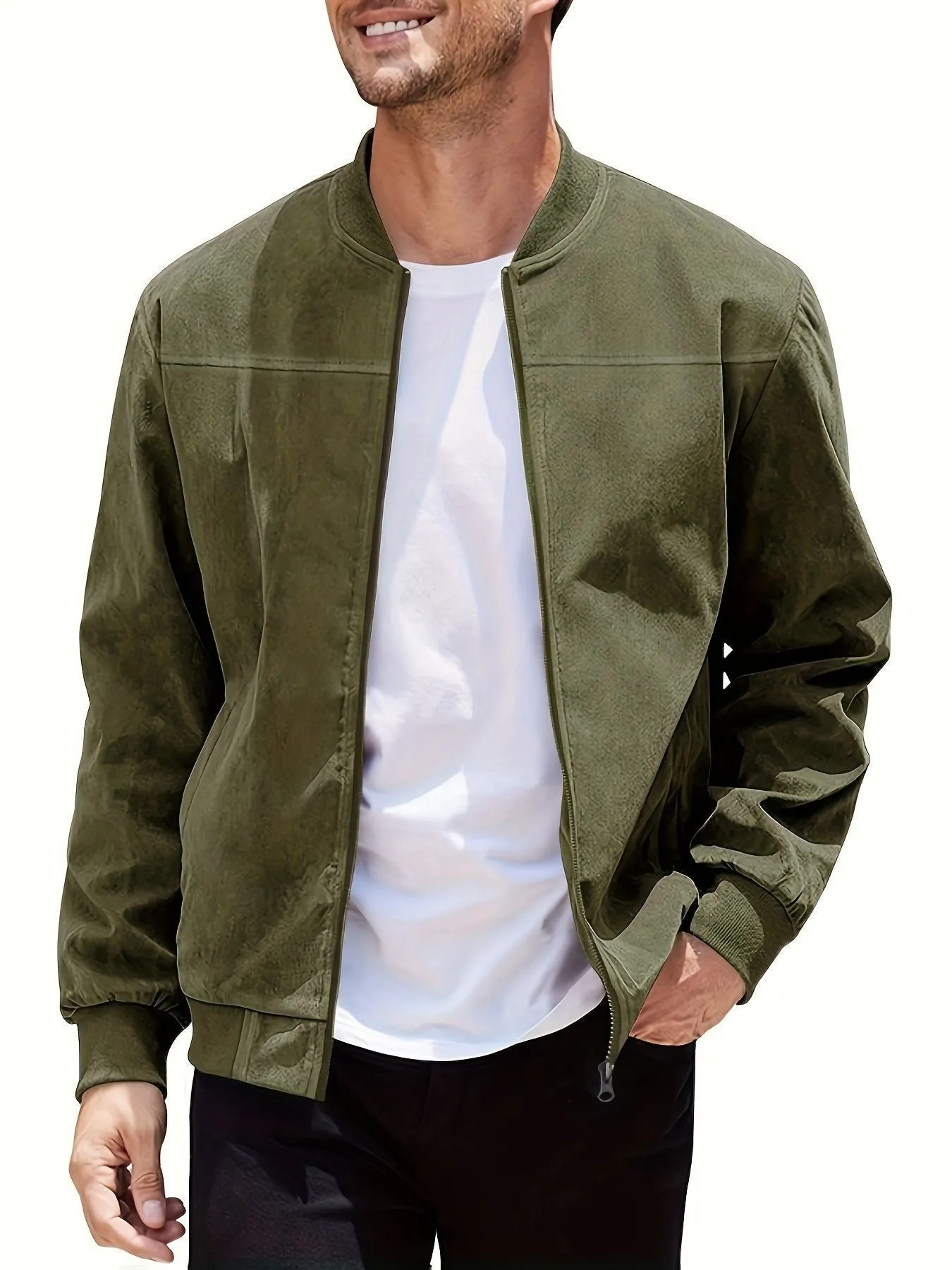 Man wearing a plus size Army Green suede zip-up casual jacket.
