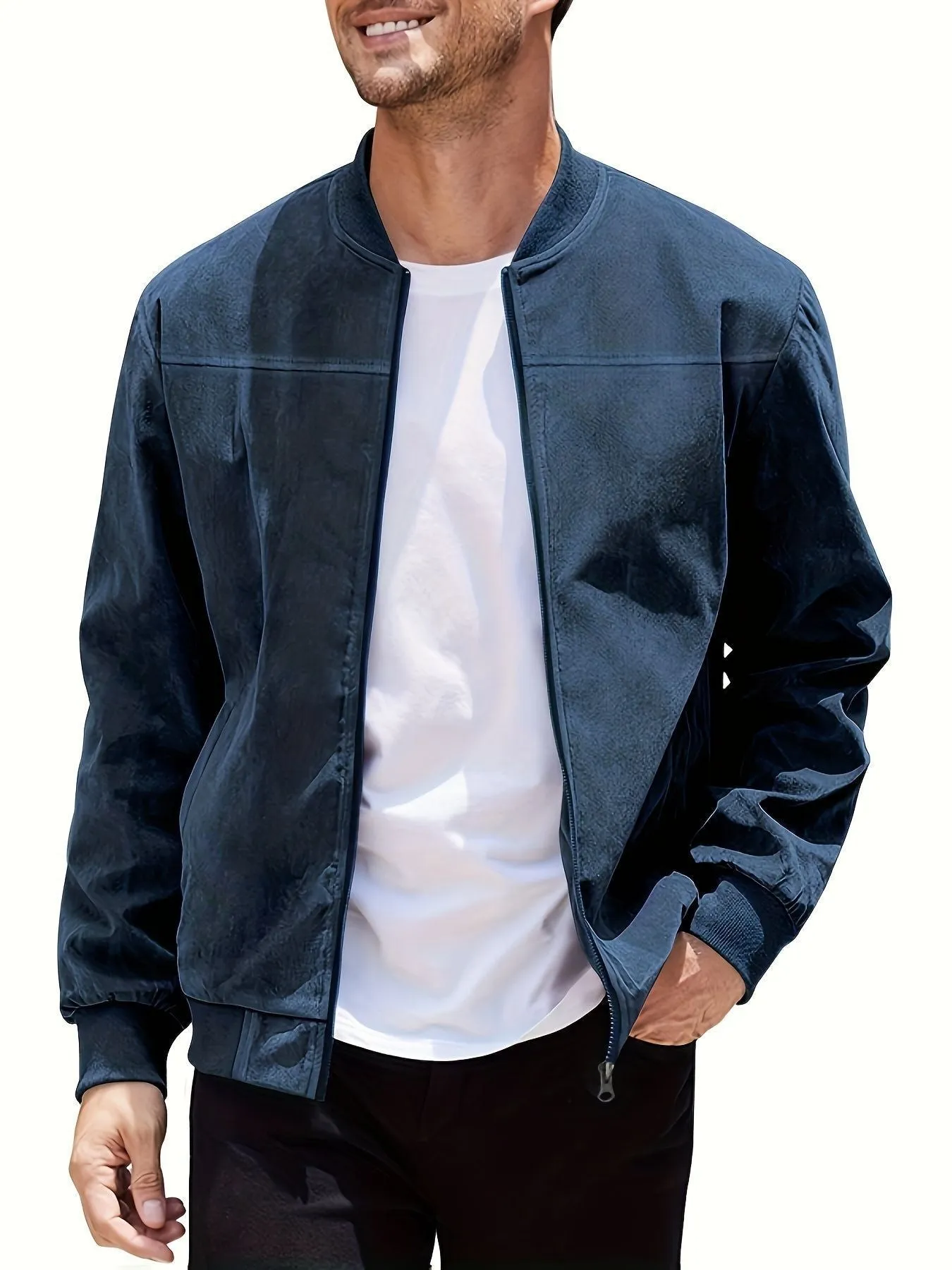 Man wearing a plus size Army Green suede zip-up casual jacket.