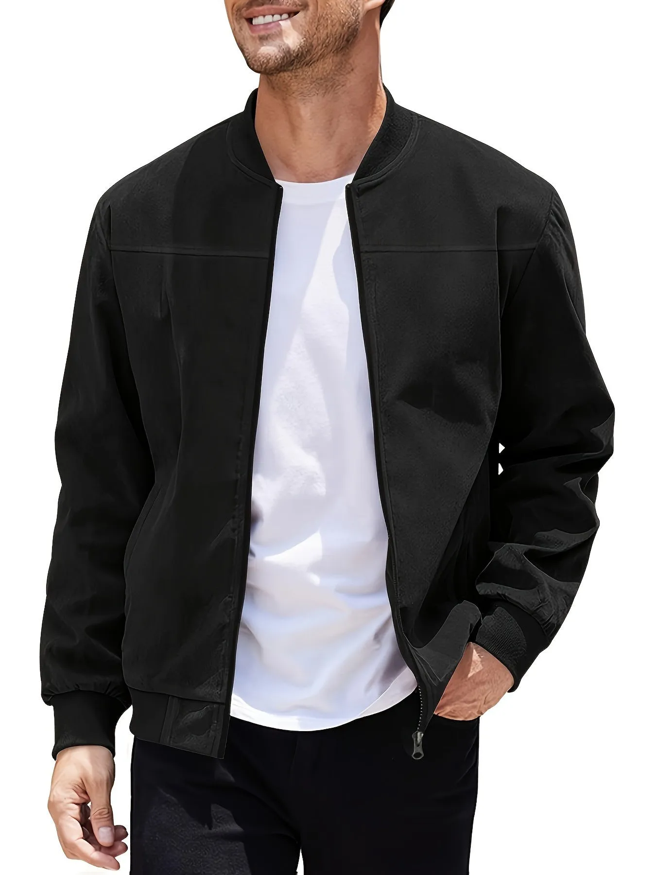 Man wearing a plus size Army Green suede zip-up casual jacket.