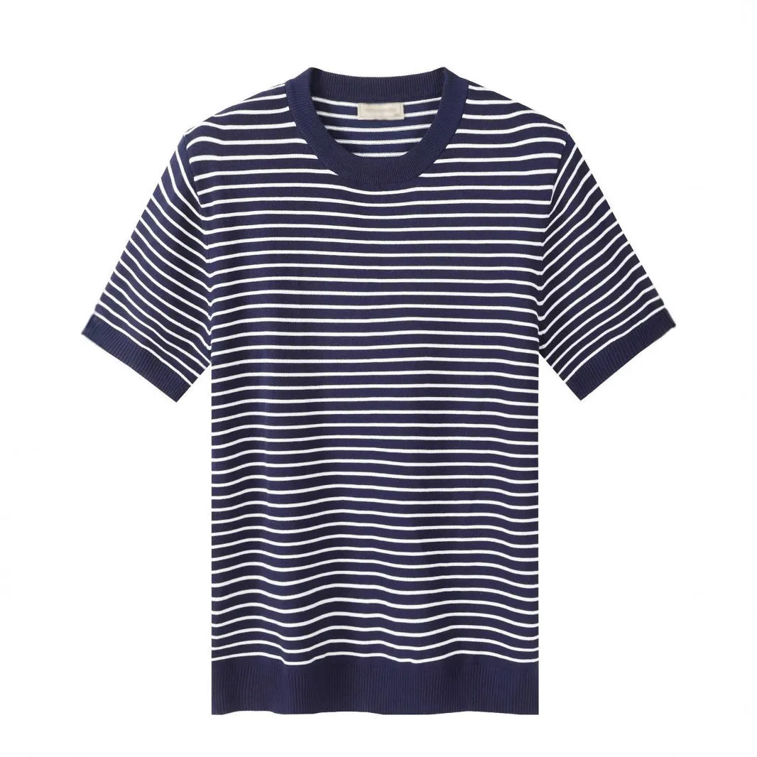 Men's high-grade casual striped round neck knitted T-shirt in green, blue, brown; short sleeve summer top Harajuku style