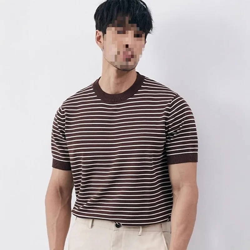 Men's high-grade casual striped round neck knitted T-shirt in green, blue, brown; short sleeve summer top Harajuku style