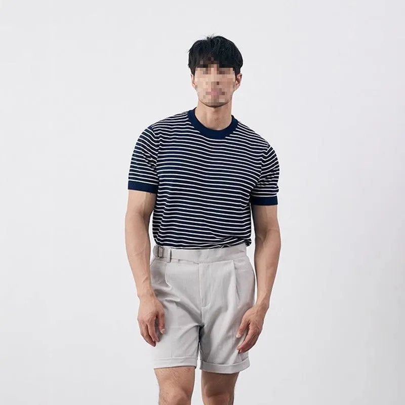 Men's high-grade casual striped round neck knitted T-shirt in green, blue, brown; short sleeve summer top Harajuku style