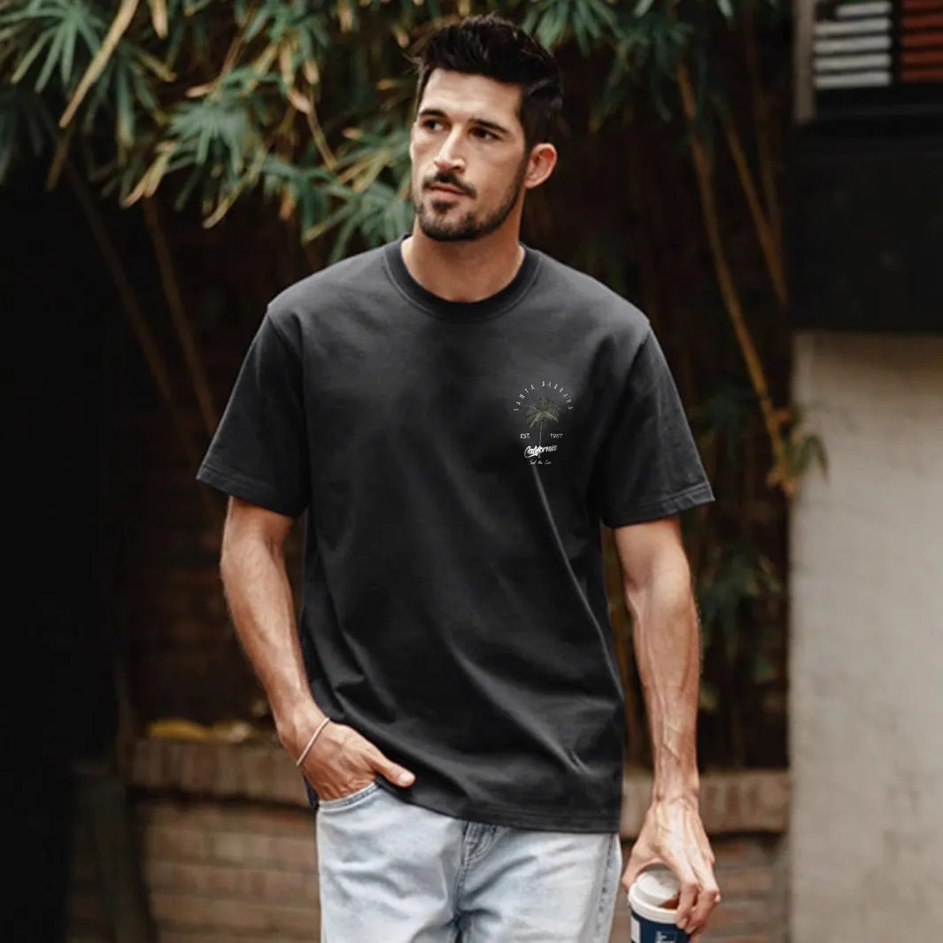 Men's white pure cotton loose fit cartoon print short sleeve t-shirt with black contrast pattern, front view