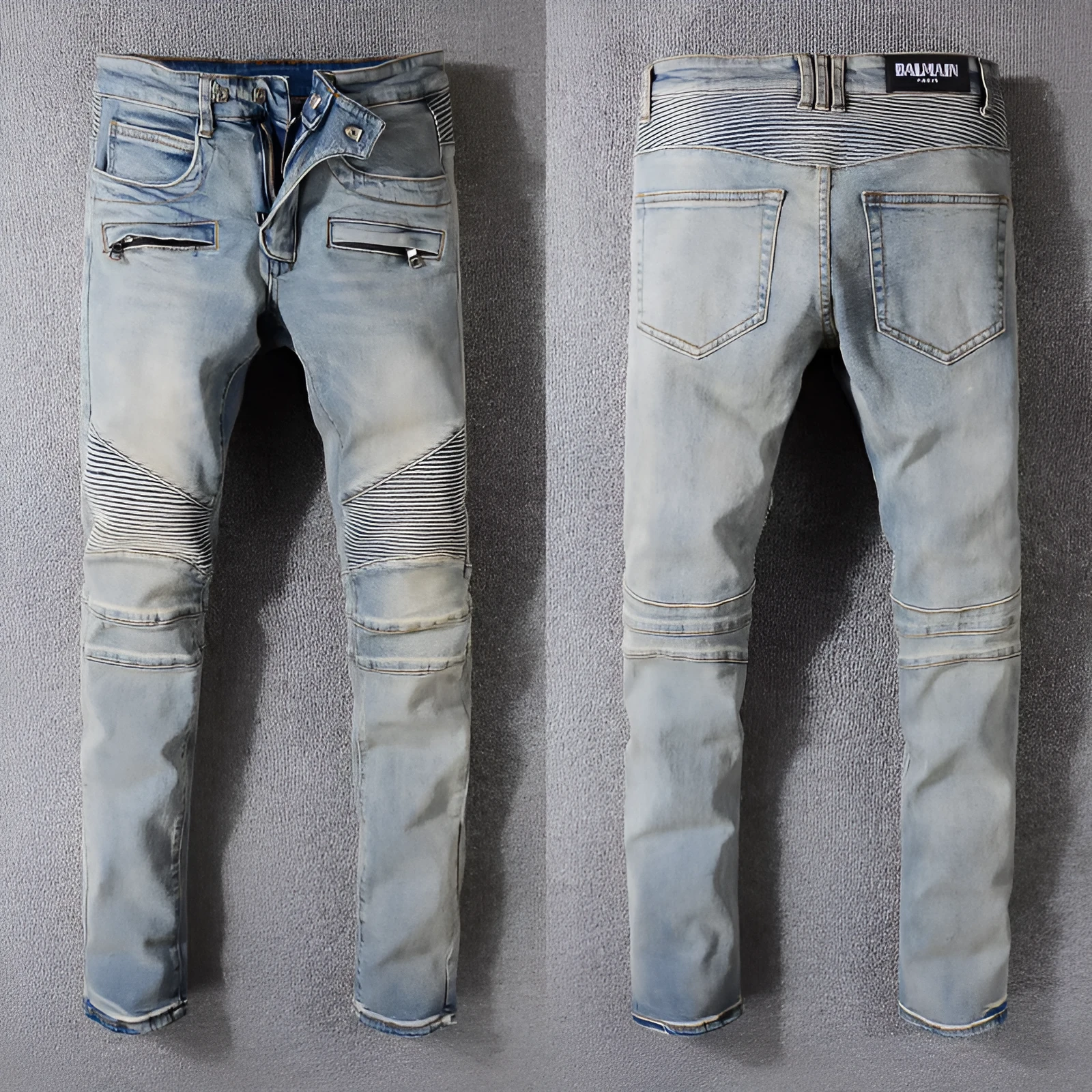 Grey biker jeans with straight tube leg, mid-rise waist, zipper fly, and distressed denim finish