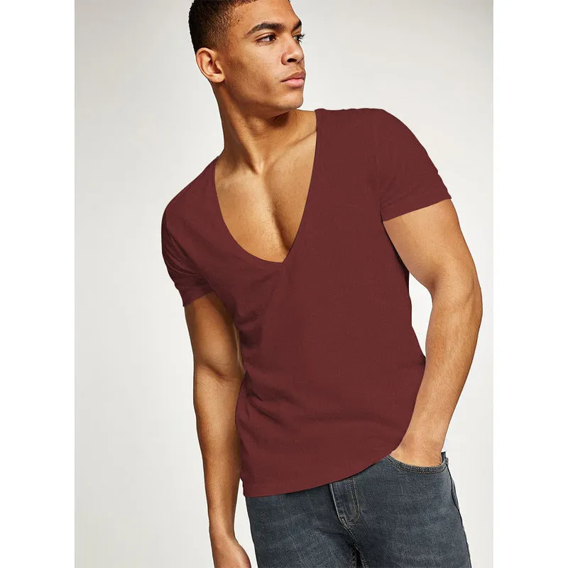 Men's deep v-neck short sleeve cotton t-shirt in solid colour for gym and casual wear
