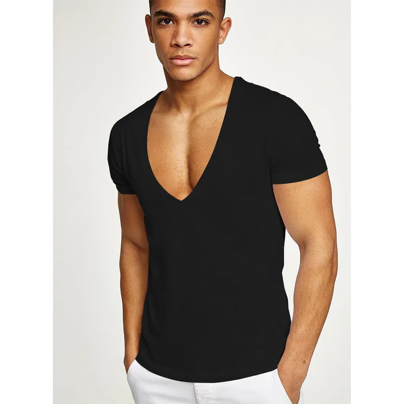Men's deep v-neck short sleeve cotton t-shirt in solid colour for gym and casual wear