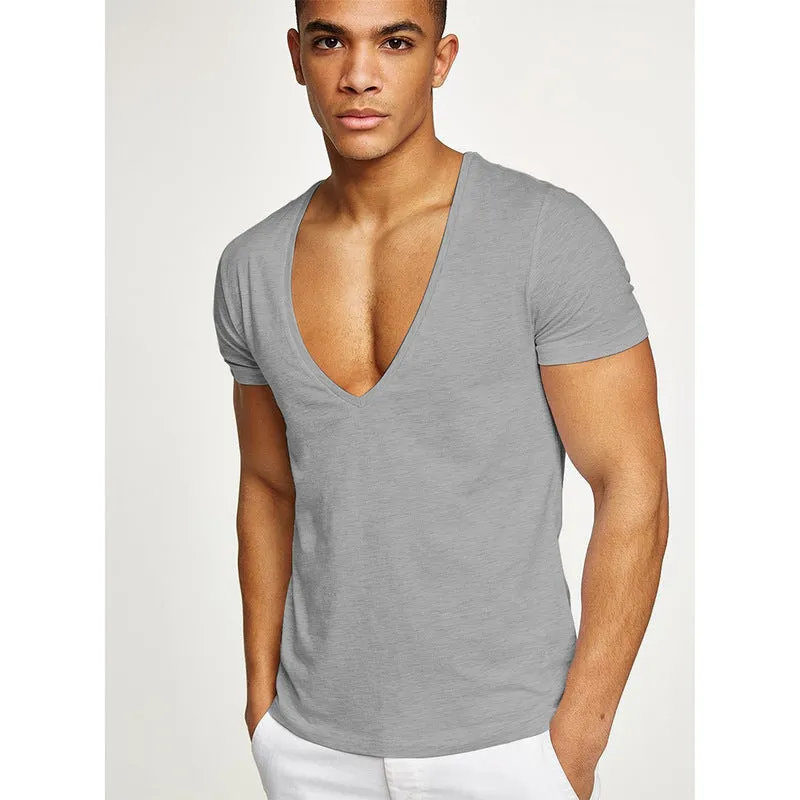 Men's deep v-neck short sleeve cotton t-shirt in solid colour for gym and casual wear