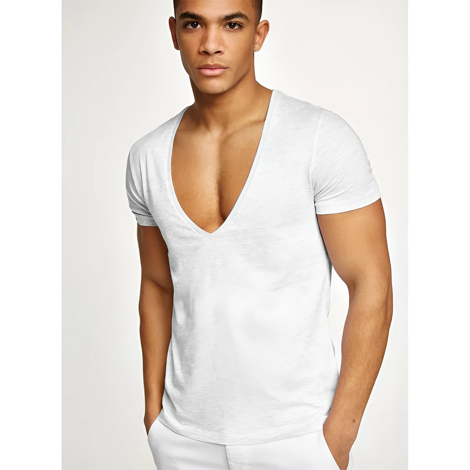 Men's deep v-neck short sleeve cotton t-shirt in solid colour for gym and casual wear