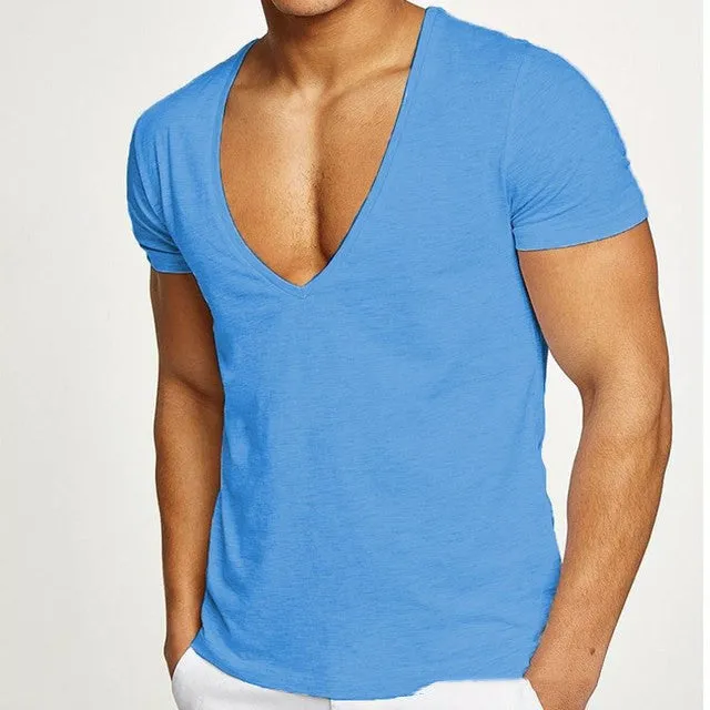 Men's deep v-neck short sleeve cotton t-shirt in solid colour for gym and casual wear