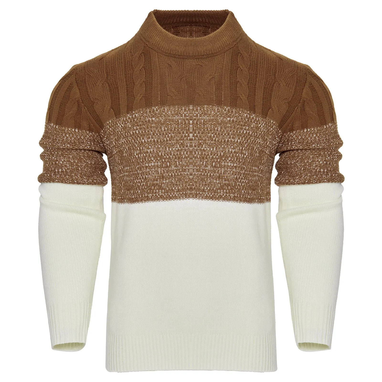 Men's casual colour block long sleeve cable knit pullover sweater in blue, crew neck and textured knit