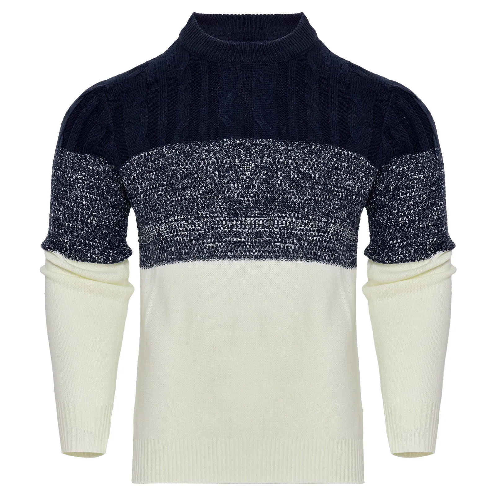 Men's casual colour block long sleeve cable knit pullover sweater in blue, crew neck and textured knit