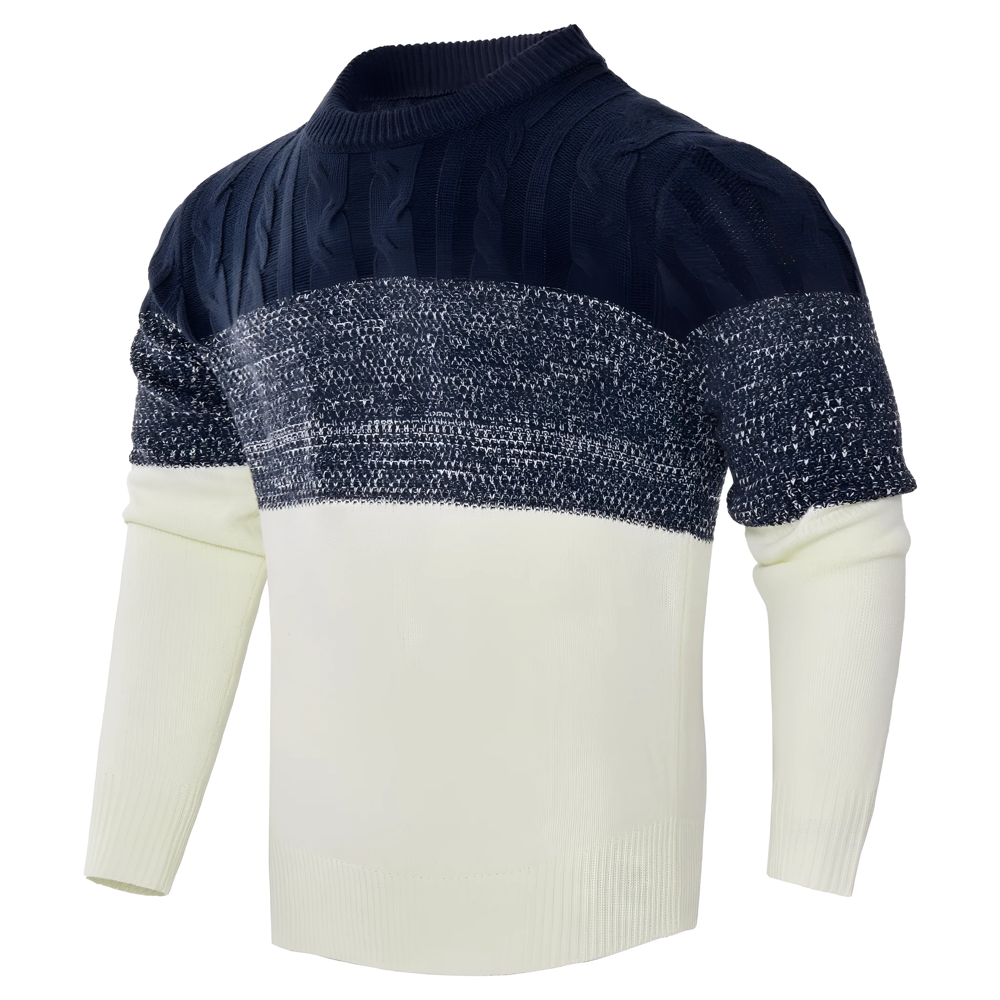 Men's casual colour block long sleeve cable knit pullover sweater in blue, crew neck and textured knit