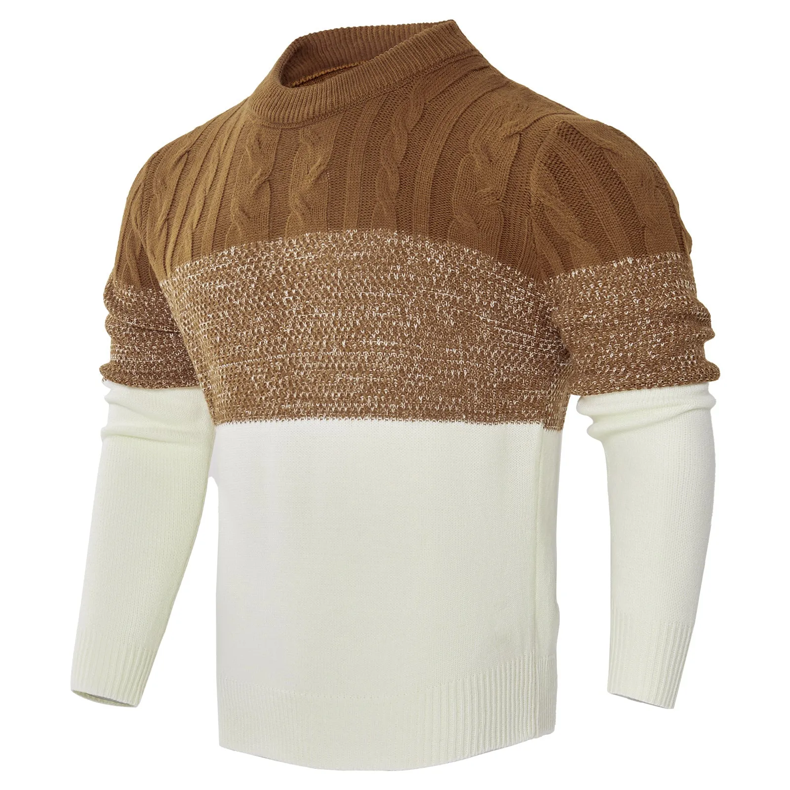 Men's casual colour block long sleeve cable knit pullover sweater in blue, crew neck and textured knit