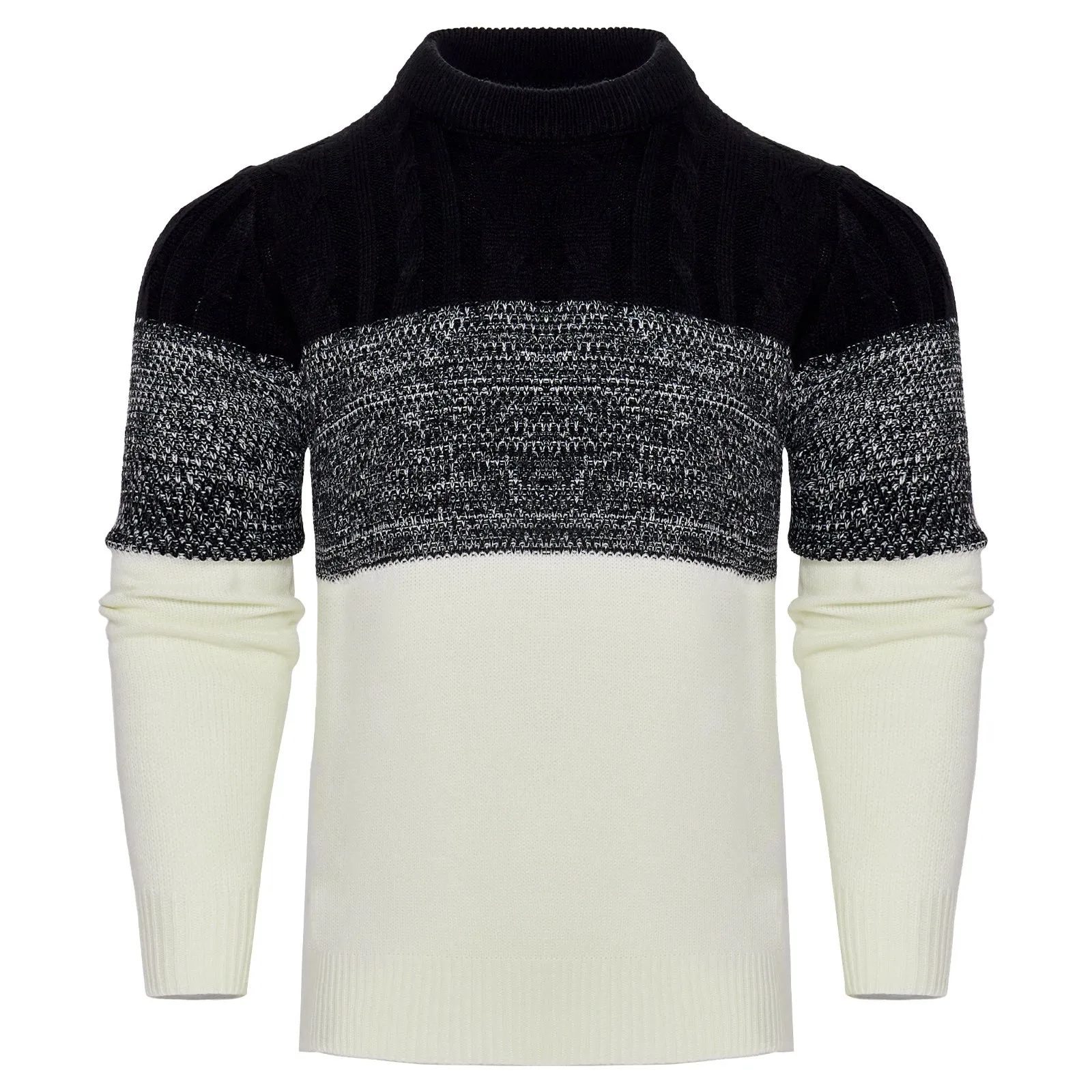 Men's casual colour block long sleeve cable knit pullover sweater in blue, crew neck and textured knit