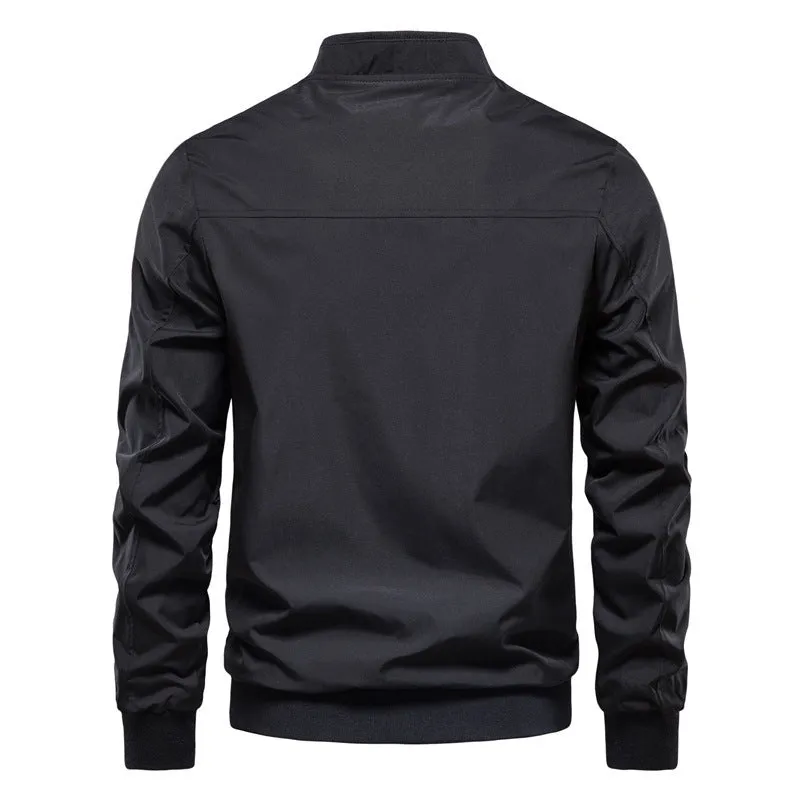 Men's thin casual polyester jacket in dark blue, black, or army green solid colour.