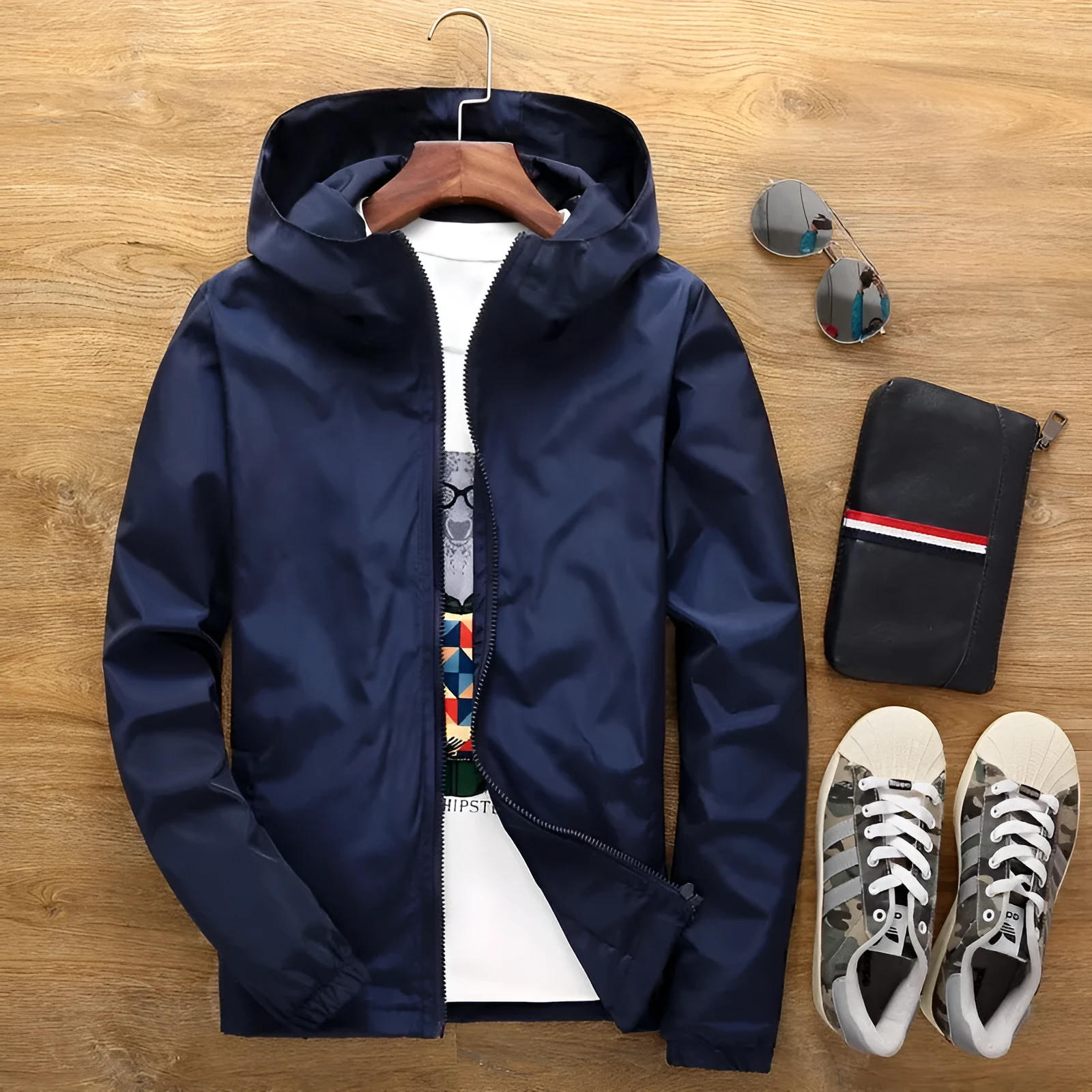 Loose fit men's windbreaker jacket in plain polyester with zip front and lapel collar, available in multiple plus sizes up to 7XL