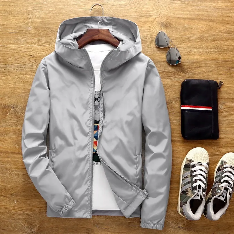 Loose fit men's windbreaker jacket in plain polyester with zip front and lapel collar, available in multiple plus sizes up to 7XL