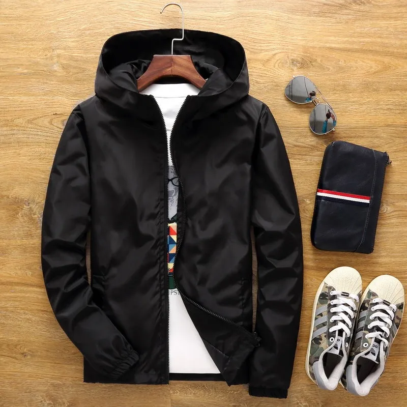 Loose fit men's windbreaker jacket in plain polyester with zip front and lapel collar, available in multiple plus sizes up to 7XL