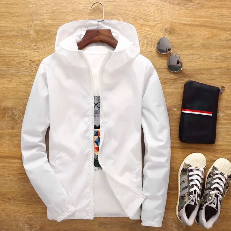 Loose fit men's windbreaker jacket in plain polyester with zip front and lapel collar, available in multiple plus sizes up to 7XL