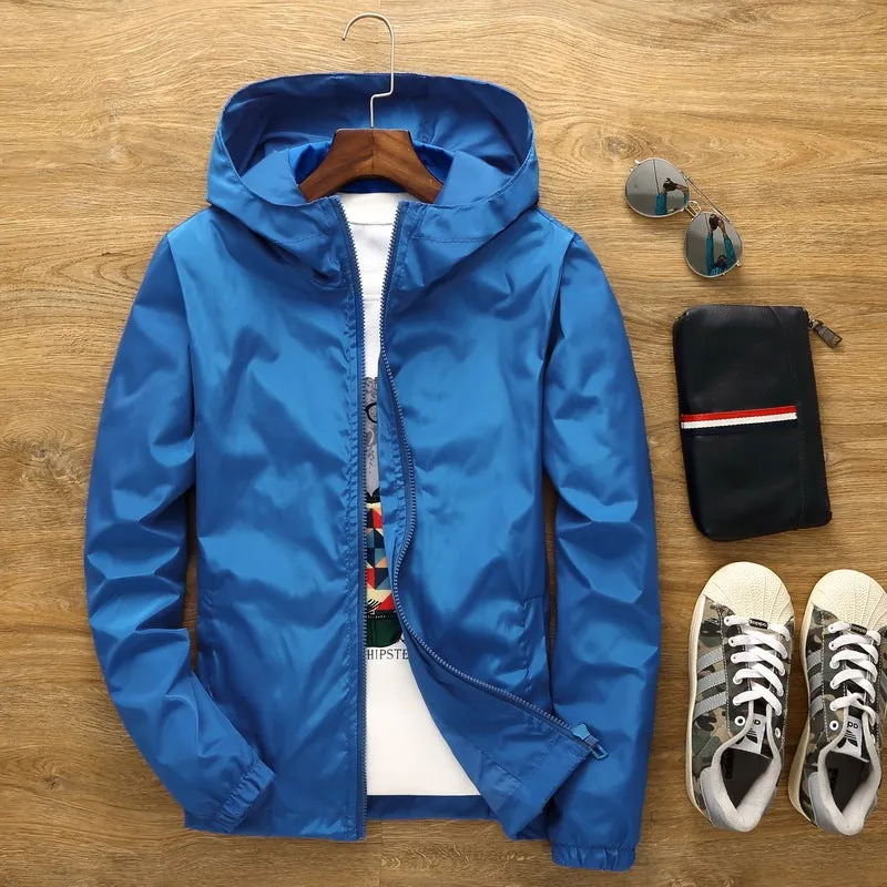 Loose fit men's windbreaker jacket in plain polyester with zip front and lapel collar, available in multiple plus sizes up to 7XL