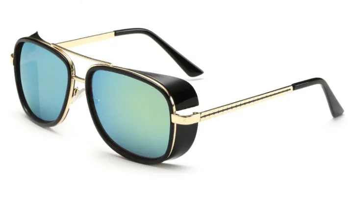 Retro windshield sunglasses with metal plastic frame in black blue colour