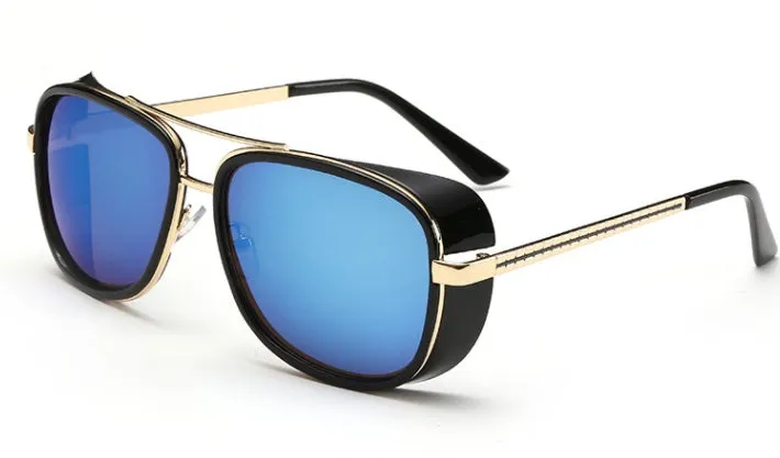 Retro windshield sunglasses with metal plastic frame in black blue colour