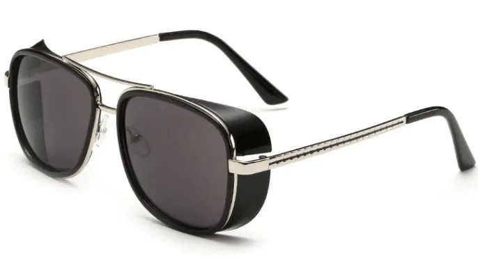 Retro windshield sunglasses with metal plastic frame in black blue colour