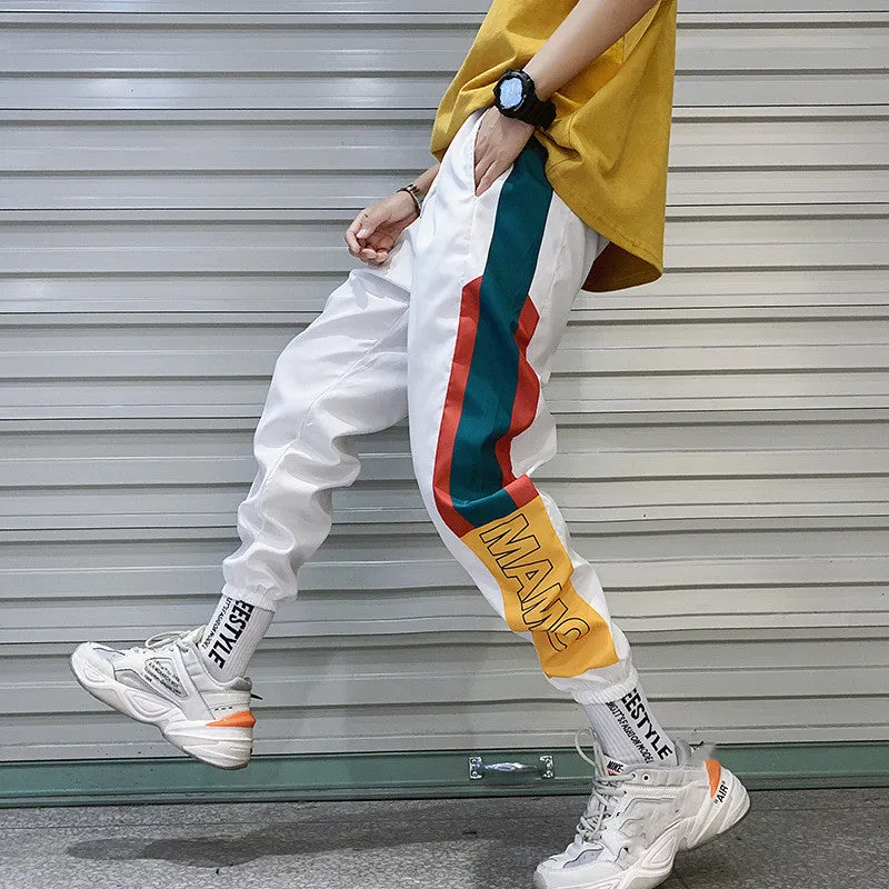 Summer men's Korean loose casual polyester sweatpants in black with elastic drawstring waist