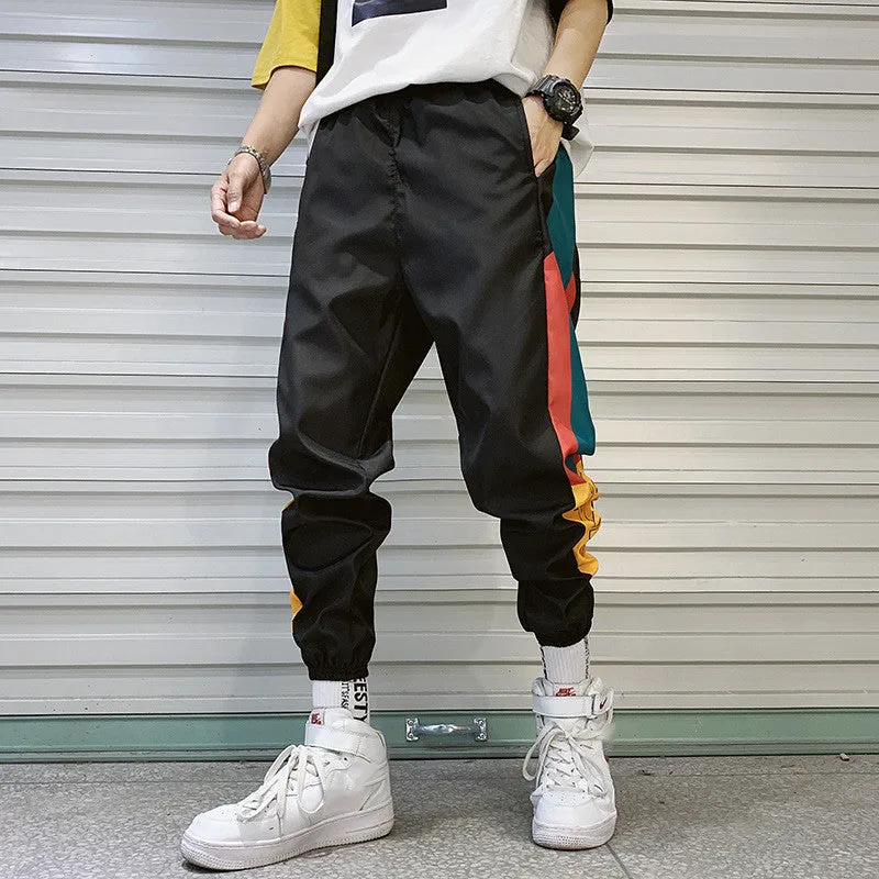 Summer men's Korean loose casual polyester sweatpants in black with elastic drawstring waist