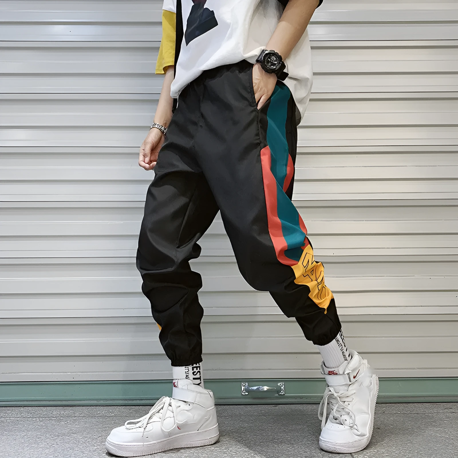 Summer men's Korean loose casual polyester sweatpants in black with elastic drawstring waist