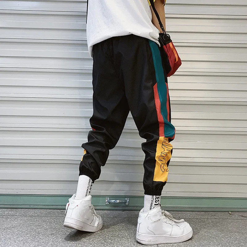 Summer men's Korean loose casual polyester sweatpants in black with elastic drawstring waist