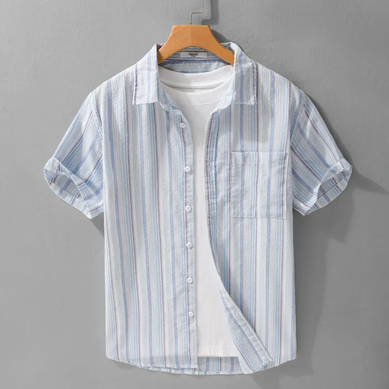 Summer menswear striped minimalist short sleeve shirt in light blue stripe, loose fit cotton blend linen