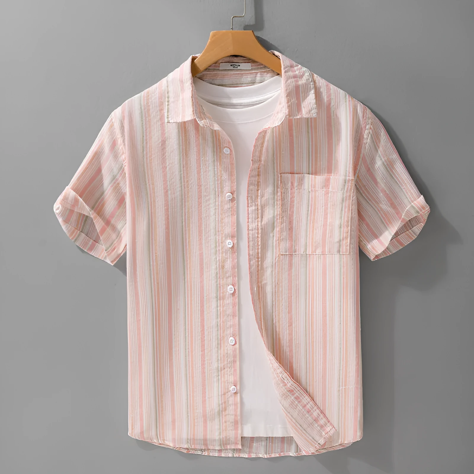 Summer menswear striped minimalist short sleeve shirt in light blue stripe, loose fit cotton blend linen