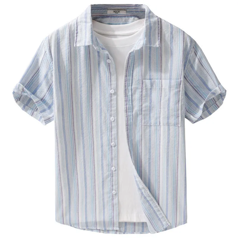 Summer menswear striped minimalist short sleeve shirt in light blue stripe, loose fit cotton blend linen