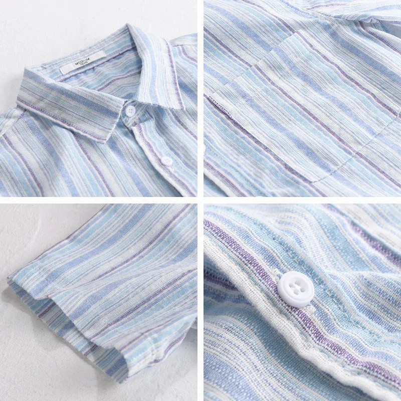 Summer menswear striped minimalist short sleeve shirt in light blue stripe, loose fit cotton blend linen