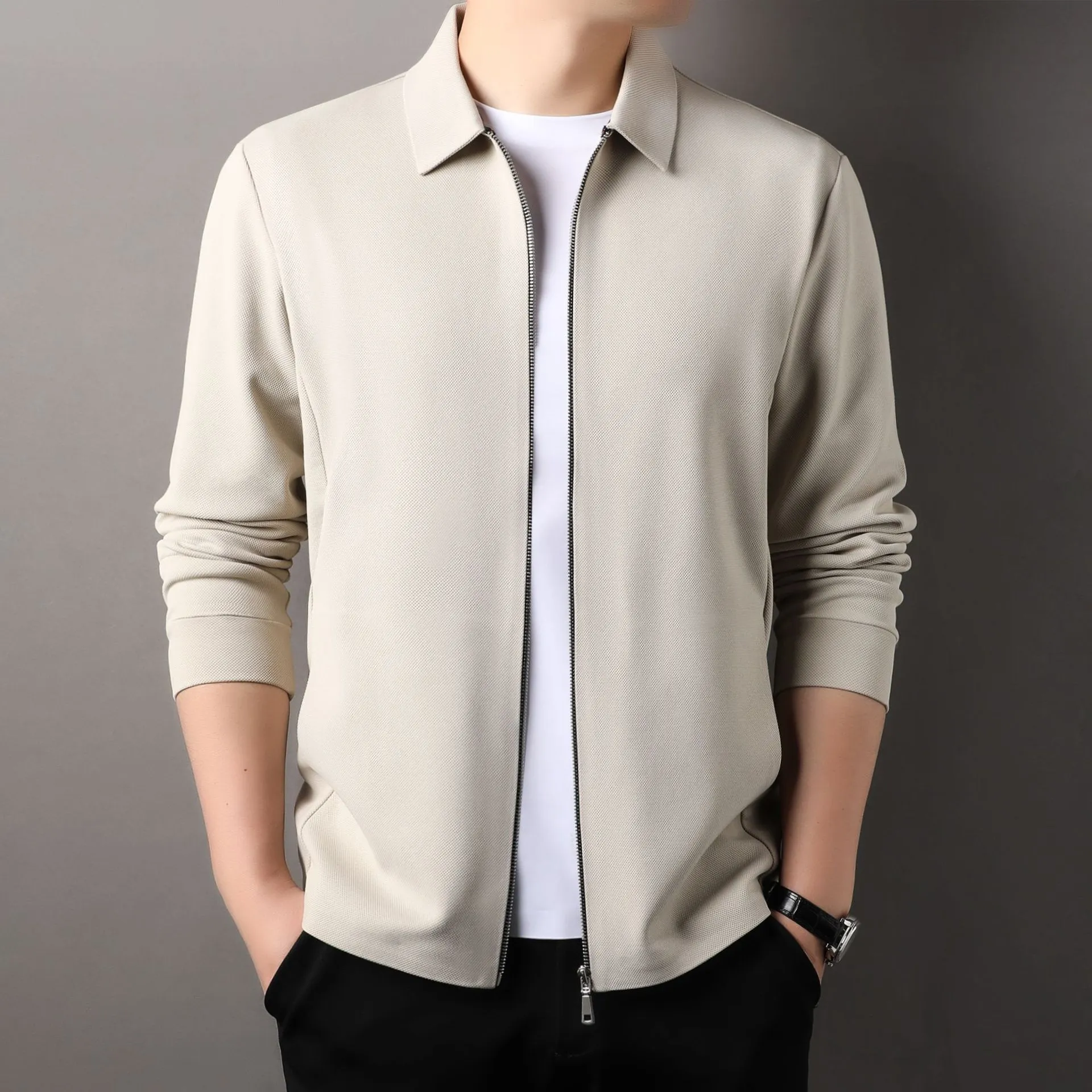Men's apricot polyester casual business jacket with straight hem and long sleeves