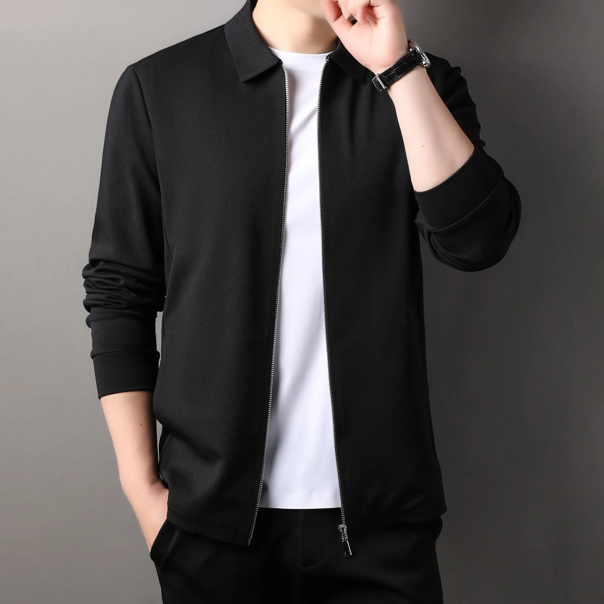 Men's apricot polyester casual business jacket with straight hem and long sleeves