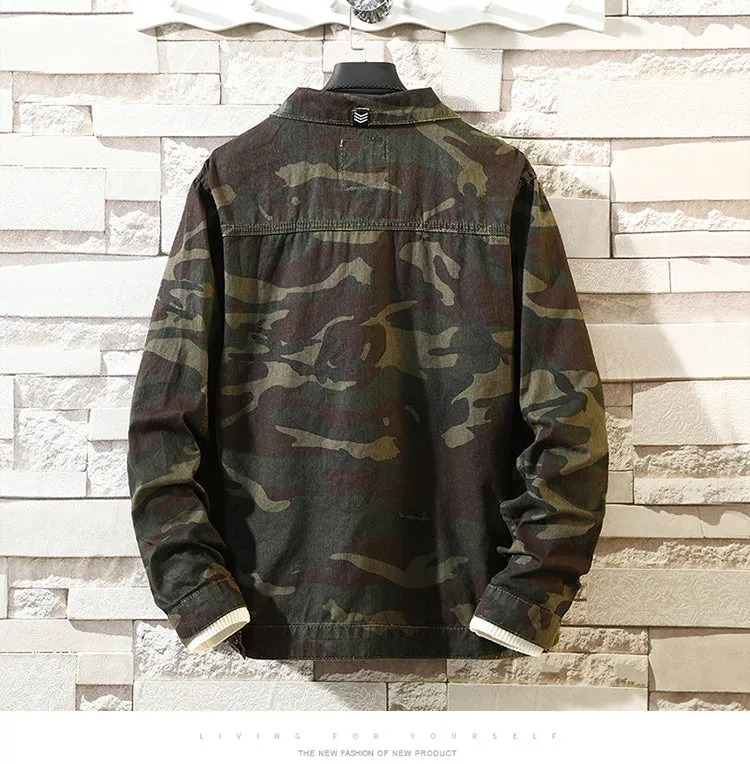 Men's camouflage denim jacket made from cotton cowboy fabric, front view, available in sizes M to 5XL