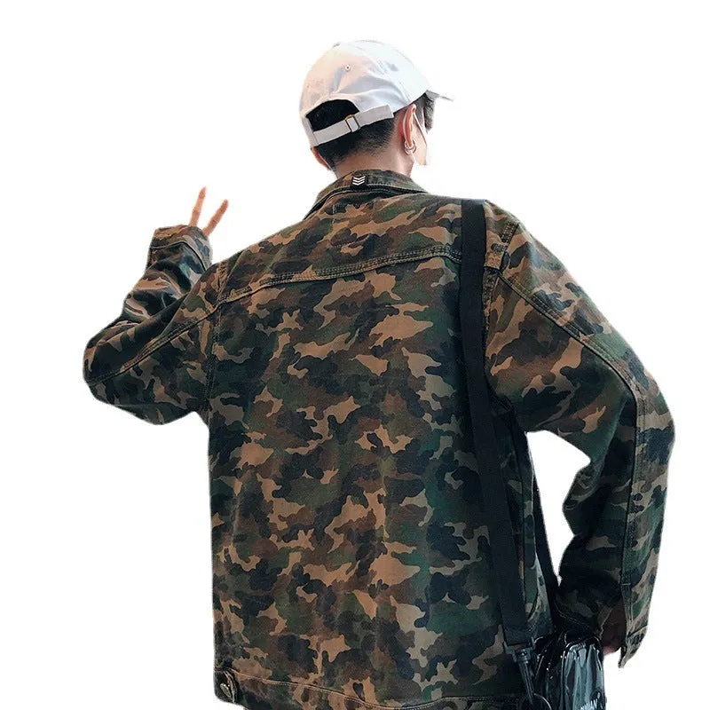 Men's camouflage denim jacket made from cotton cowboy fabric, front view, available in sizes M to 5XL