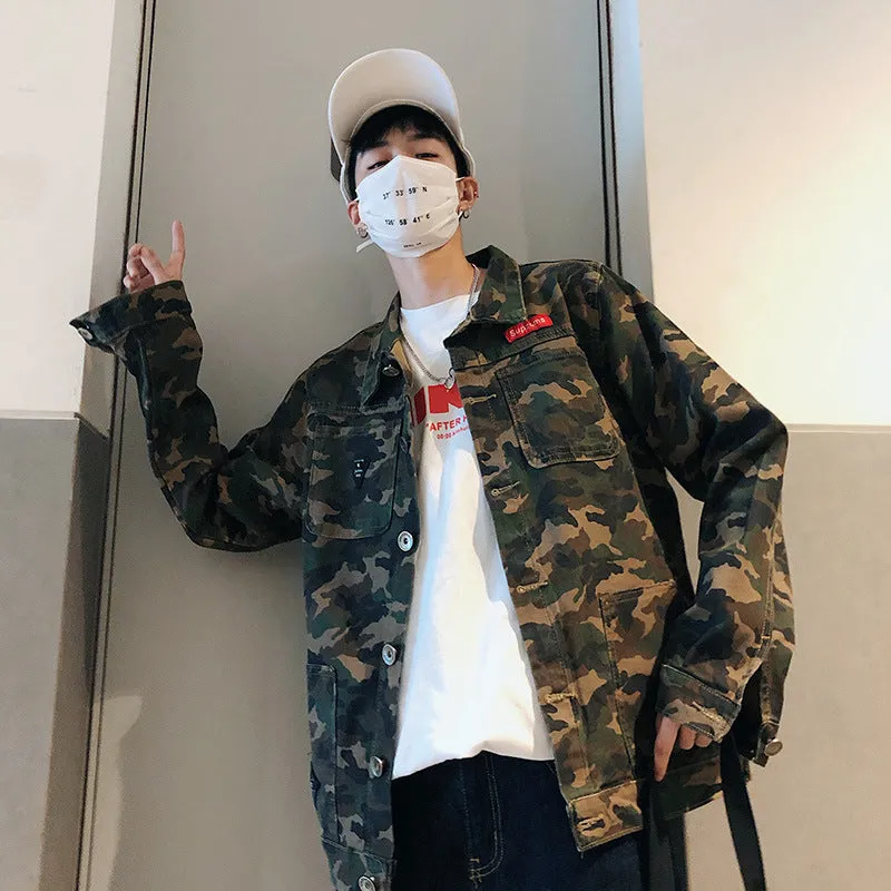 Men's camouflage denim jacket made from cotton cowboy fabric, front view, available in sizes M to 5XL