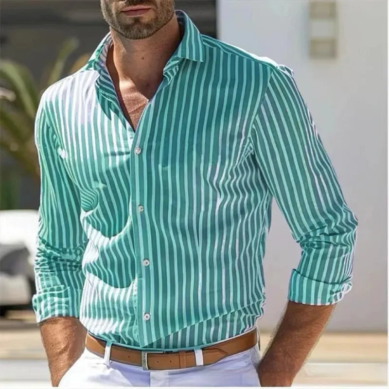 Men's slim striped long sleeve polyester shirt in blue, front view, for youth business commute wear